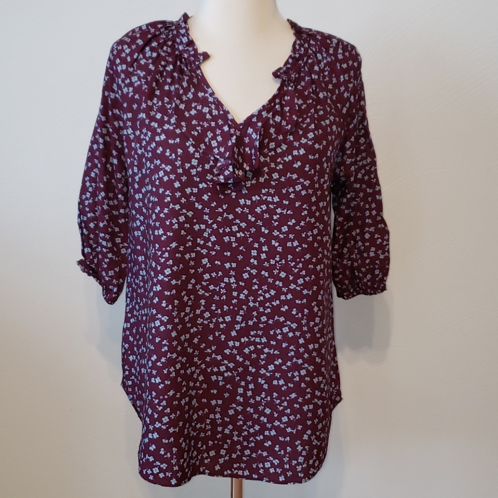 ANA XS Devan Floral Ruby 3/4 sleeve Burgendy Blouse W/ Blue Flowers NWT [91]